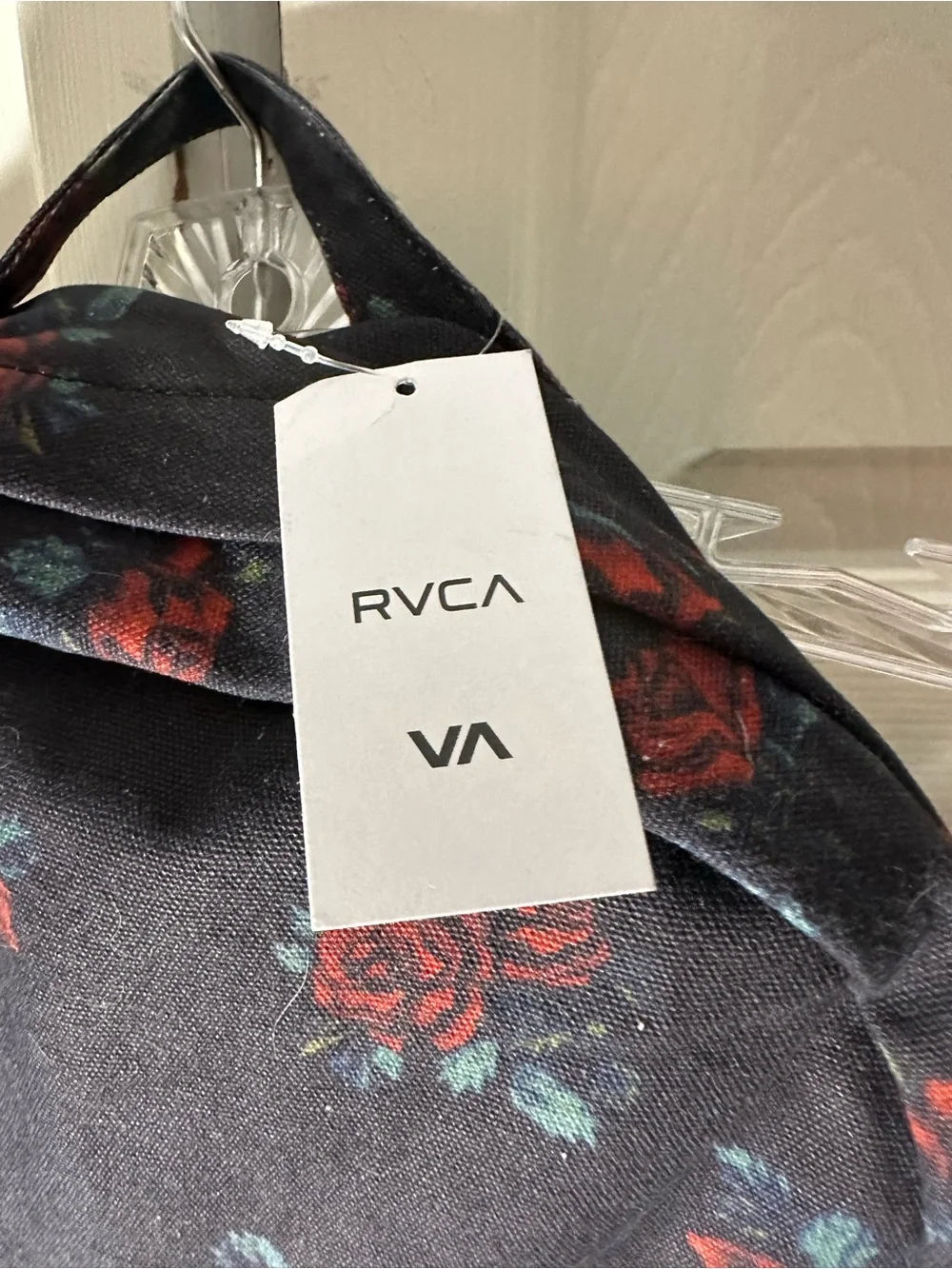 RVCA Black Backpack with Red Rose Pattern